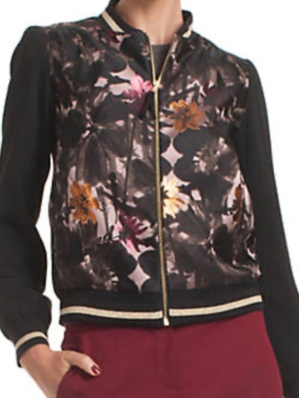 Trina Turk Black 'Pep Floral' Jacquard Bomber Jacket with Gold Accents - Size M